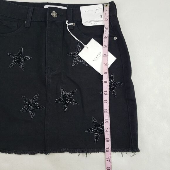 Kancan Beaded Star Mini Skirt Womens Small Black Denim Jean Raw Hem Glitter - Picture 6 of 8